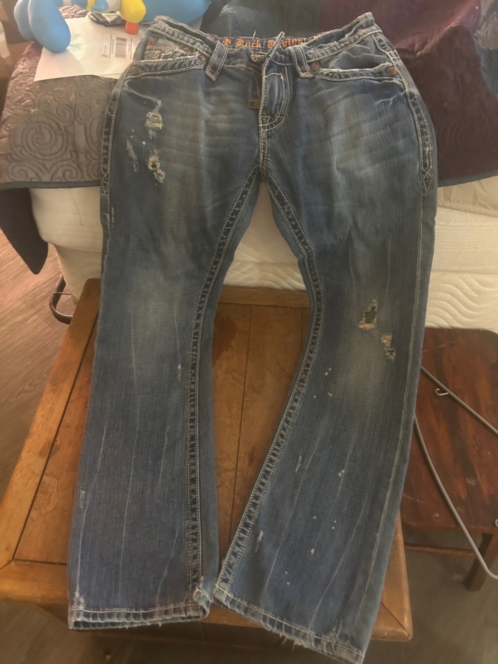Men’s Blue Distressed ROCK REVIVAL Embroidered Pocket Jeans - Picture 8 of 13